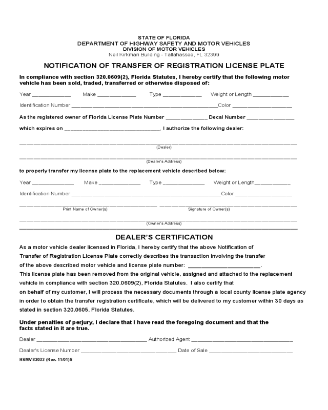 Notification of Transfer of Registration License Plate - Florida
