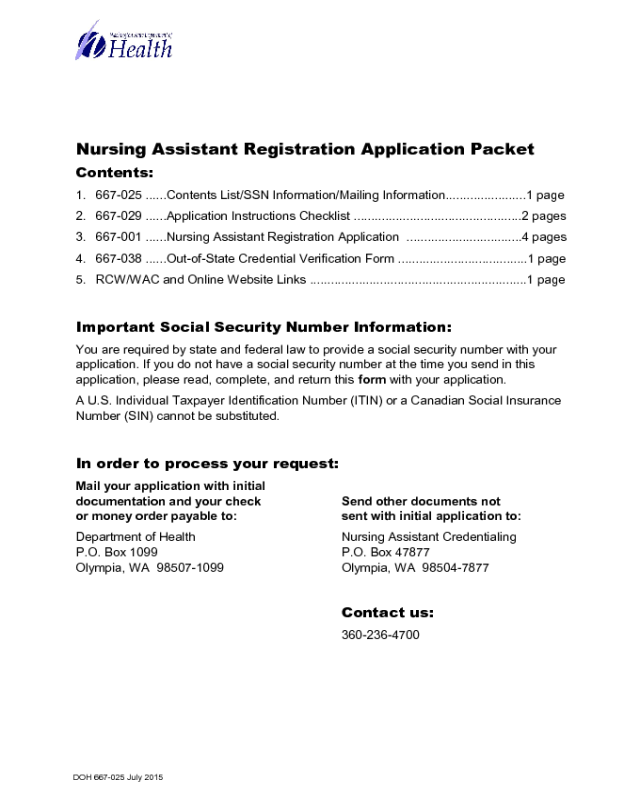 Nursing Assistant Registration Application Packet - Washington