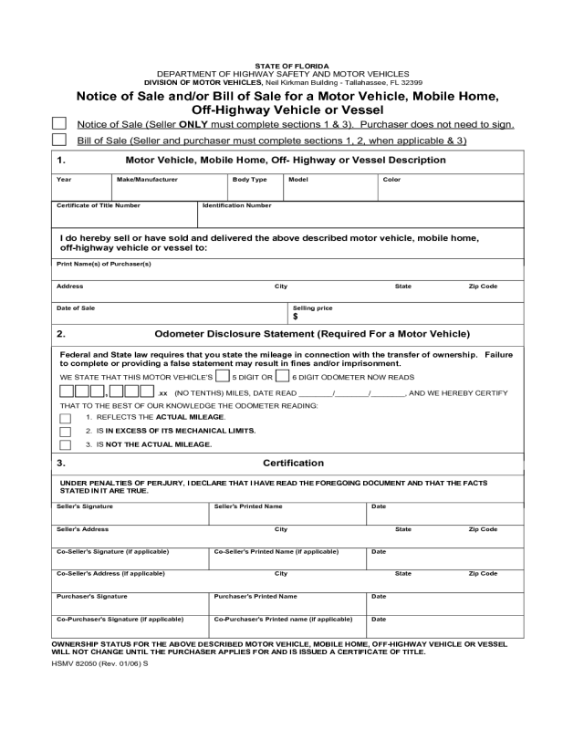 Off-Highway Vehicle Bill of Sale Form - Florida