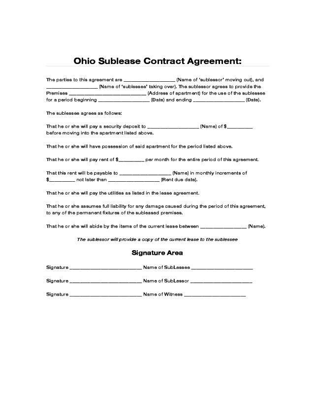 Ohio Sublease Contract Agreement