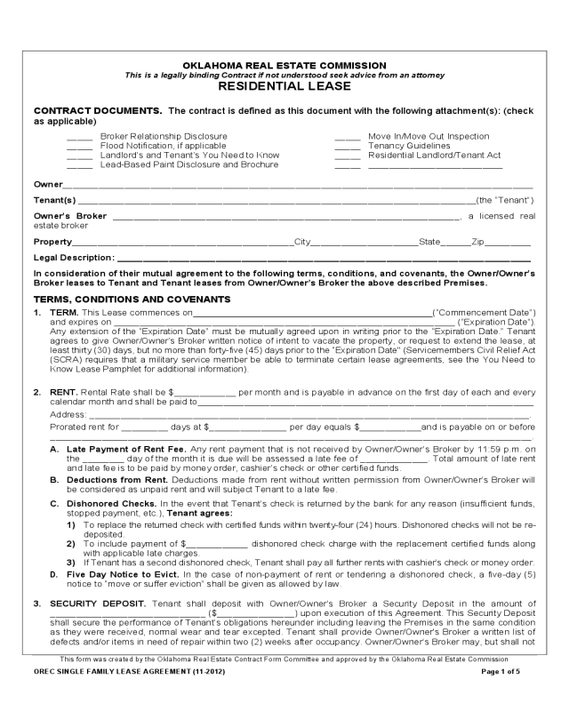 Oklahoma Residential Lease Form