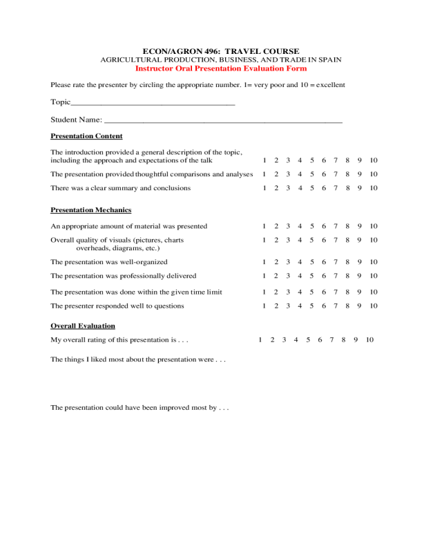 Oral Presentation Evaluation Sample Form