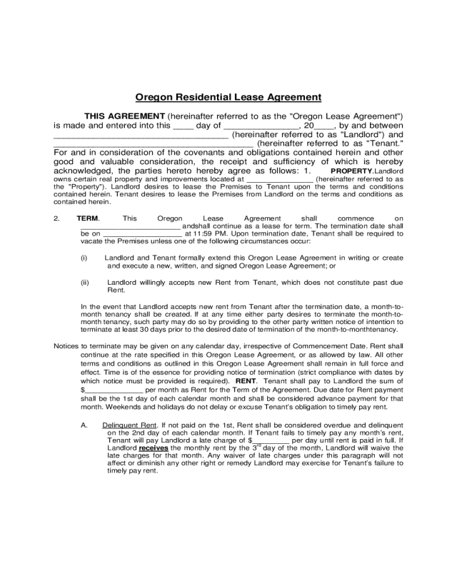 Oregon Residential Lease Agreement Template