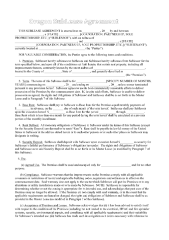 Oregon Sub-Lease Agreement - Edit, Fill, Sign Online | Handypdf