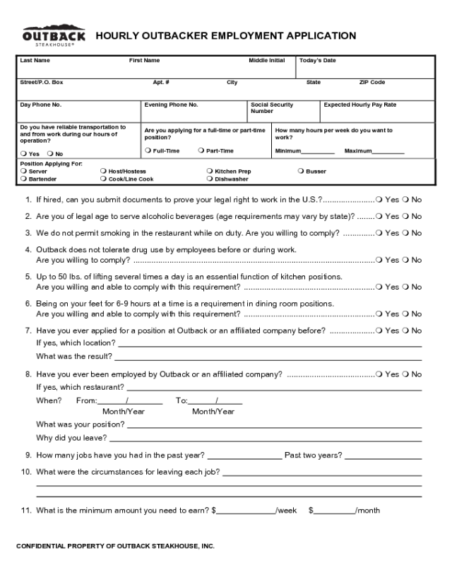 Outback Steakhouse Application Form