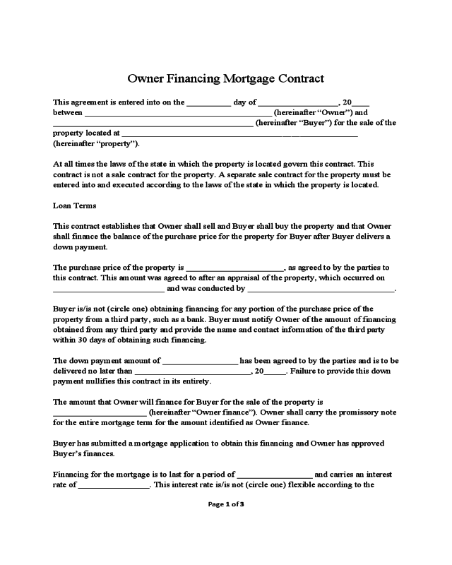 Owner Financing Mortgage Contract Sample