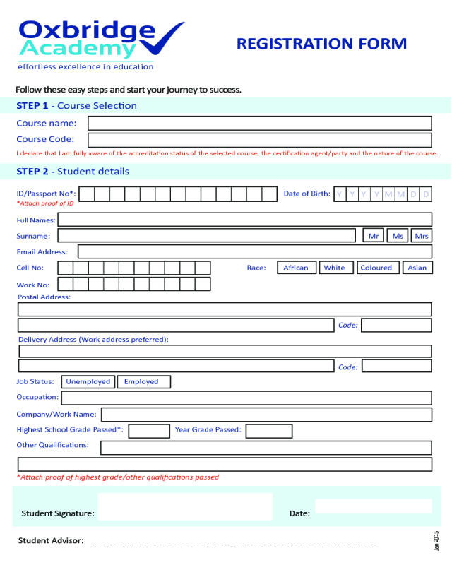 Oxbridge Academy Registration Form Template