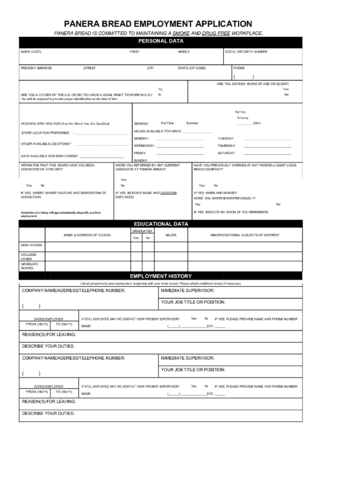 Panera Bread Application Form - Edit, Fill, Sign Online | Handypdf