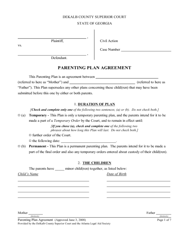 Parenting Plan Agreement Form - Georgia