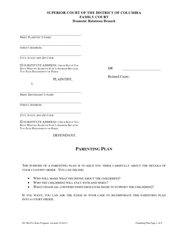 Parenting Plan Form - District of Columbia