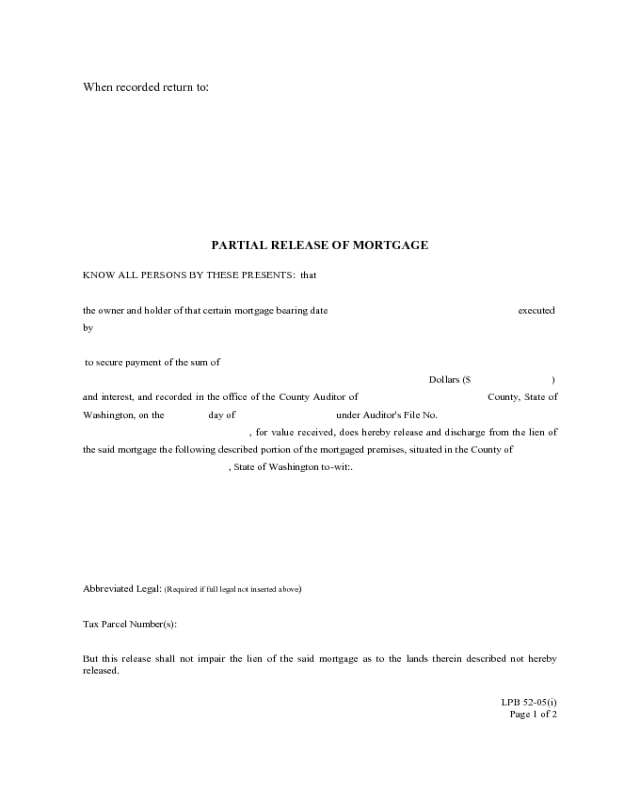 Partial Release of Mortgage Form - Washingson