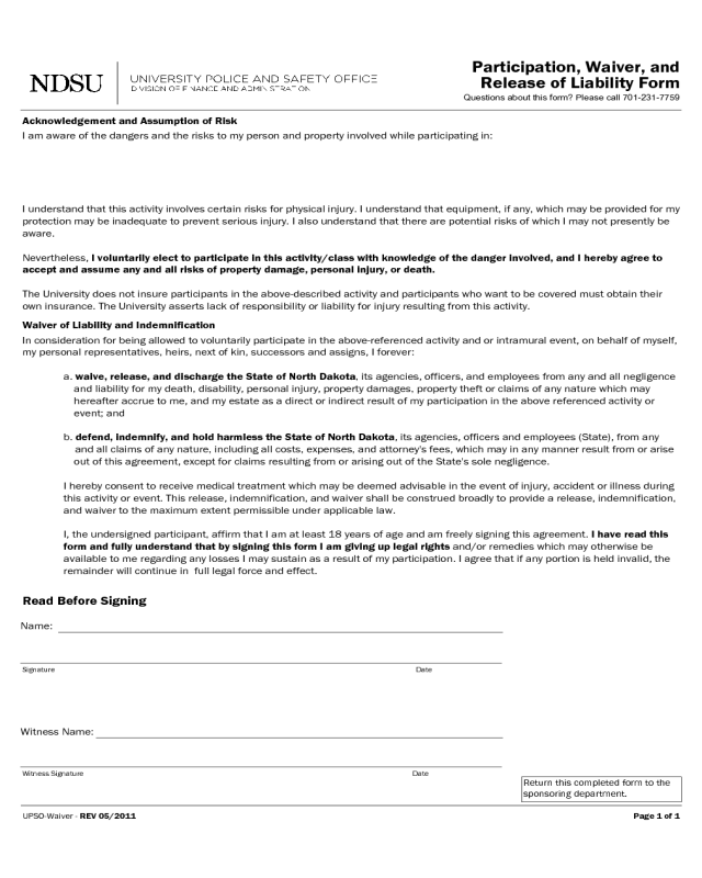 Participation, Waiver and Release of Liability Form - NDSU