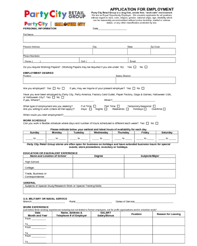 Party City Application Form
