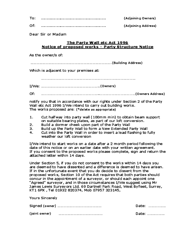 Party Wall Agreement Form Sample