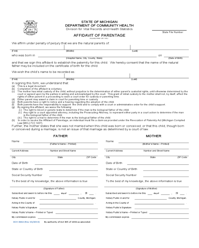 Paternity Affidavit Form - Michigan