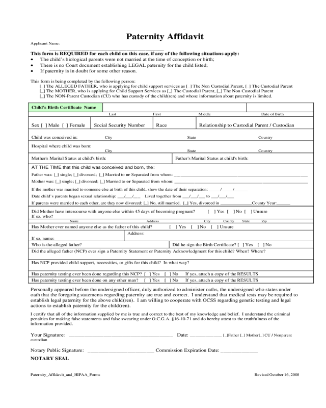 2020 Paternity Affidavit Form Fillable Printable PDF