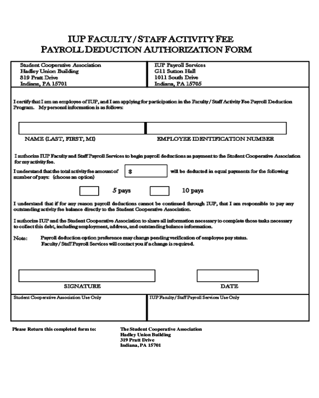 Payroll Deduction Authorization Form - Indiana