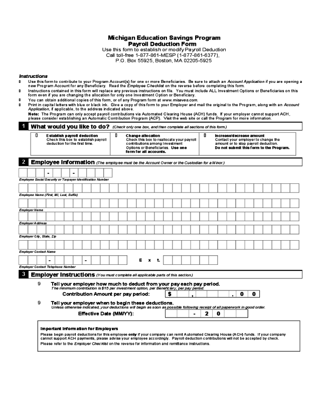 Payroll Deduction Form - Michigan