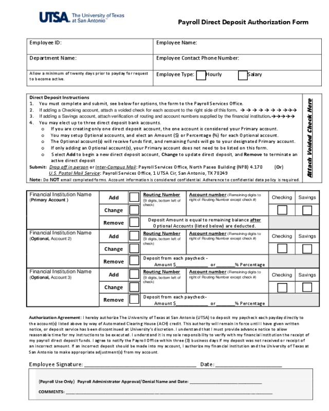 Payroll Direct Deposit Authorization Form - The University of Texas