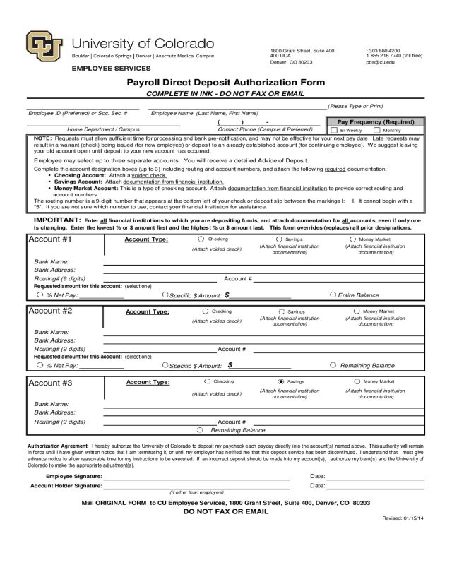Payroll Direct Deposit Authorization Form - University of Colorado