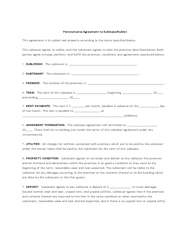 Pennsylvania Agreement to Sublease/Sublet