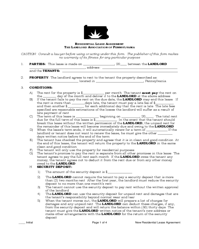 Pennsylvania Standard Residential Lease Agreement Edit Fill Sign 