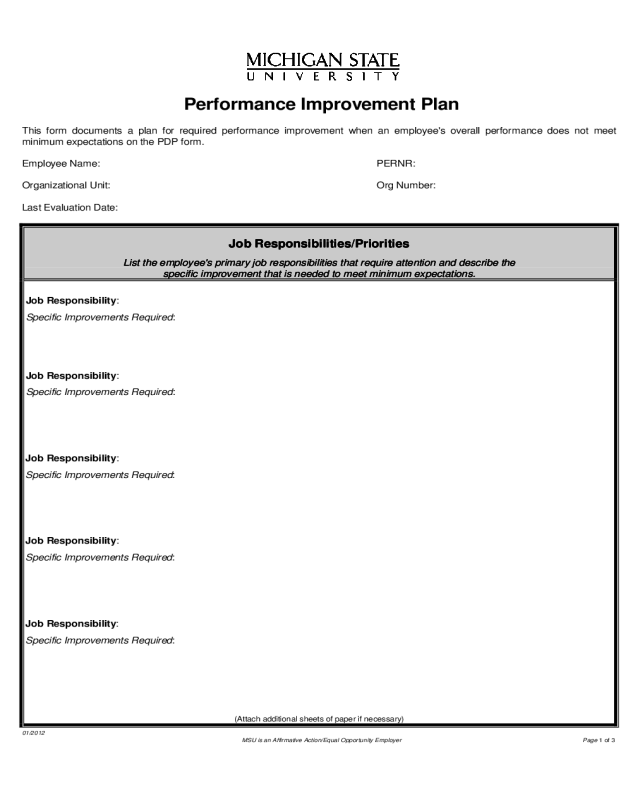 Performance Improvement Plan Form - Michigan