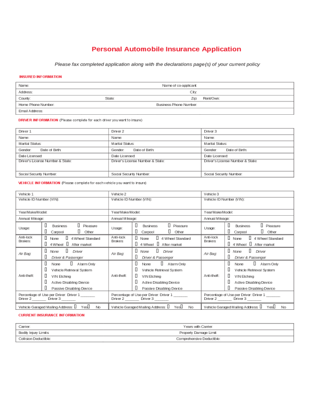 Personal Automobile Insurance Application