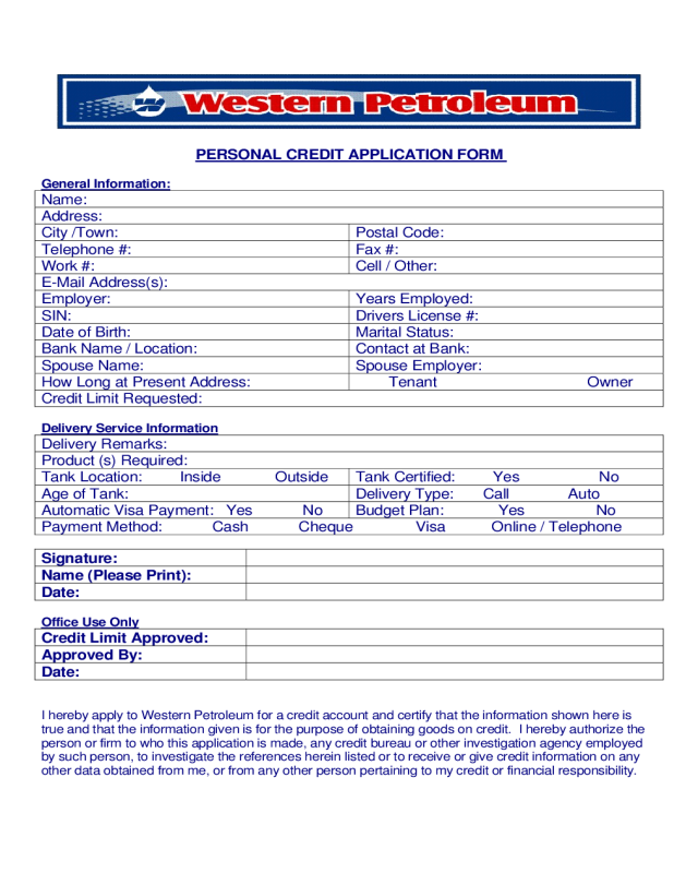 Personal Credit Application Form - Western Petroleum