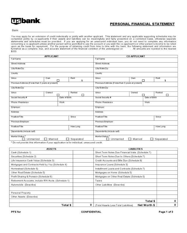 Personal Financial Statement - US Bank