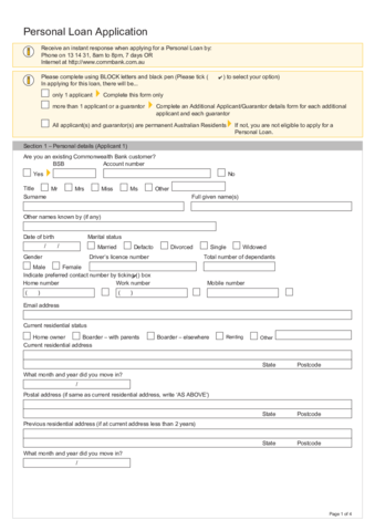 2024 Personal Loan Application Form Fillable Printable PDF Forms   Personal Loan Application Commonwealth Bank Of Australia Page1 M 