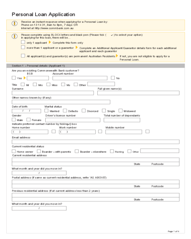 Personal Loan Application - Commonwealth Bank of Australia