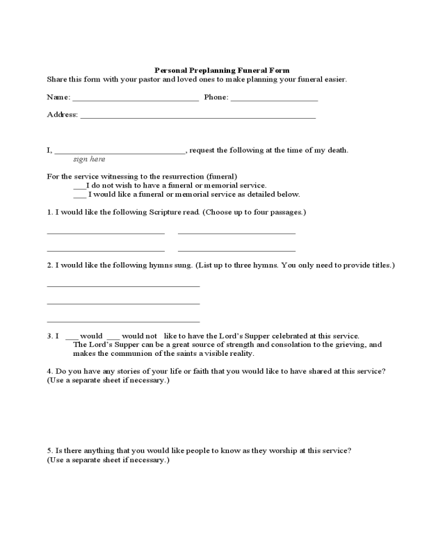 Personal Preplanning Funeral Form