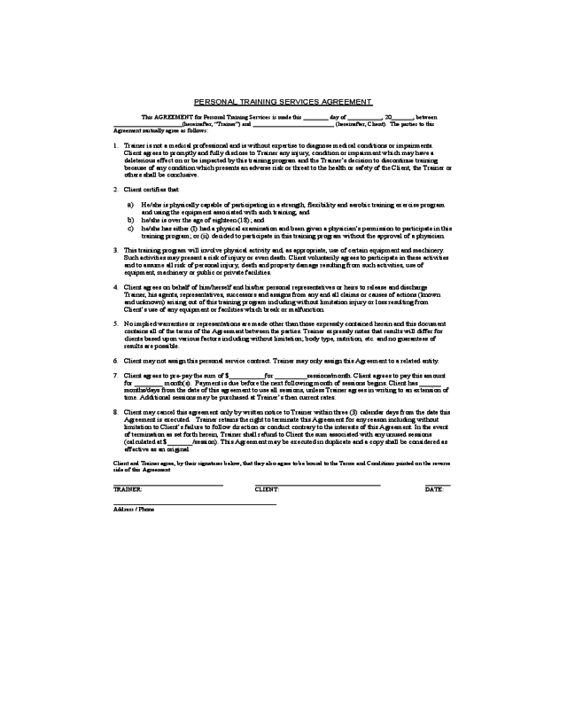 Personal Training Service Agreement