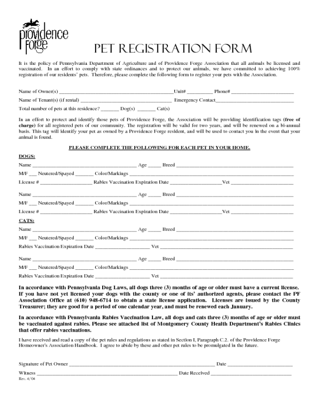 Pet Registration Form - Virginia