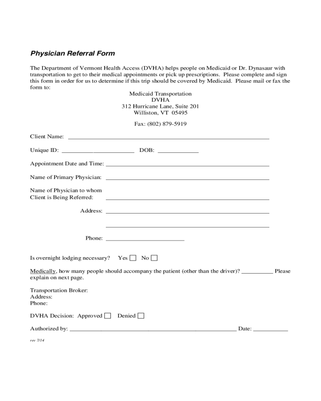 Physician Referral Form - Vermont