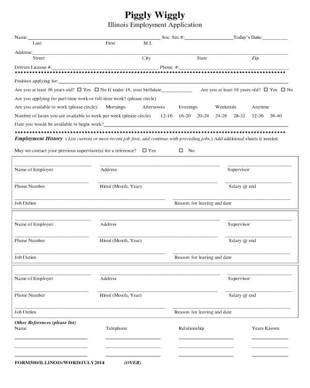 Piggly Wiggly Application Form