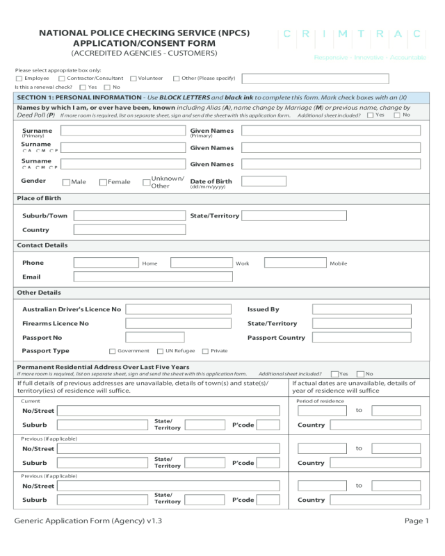 Police Check Application Form - Western Australia