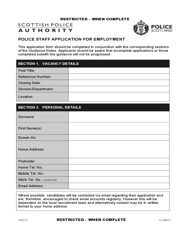 Police Staff Application for Employment - Scotland