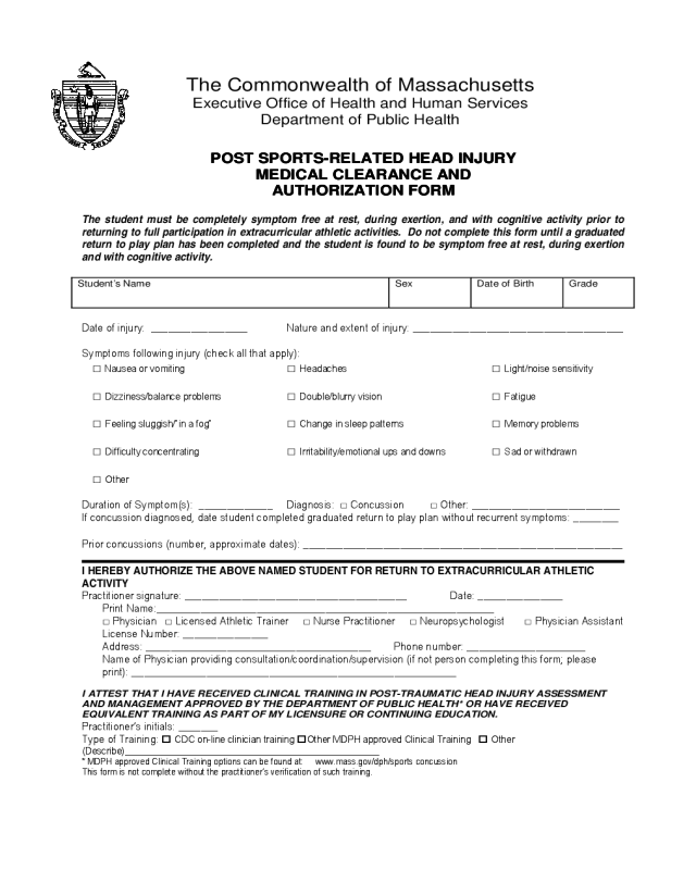 Post Sports-Related Head Injury Medical Clearance and Authorization Form - Massachusetts