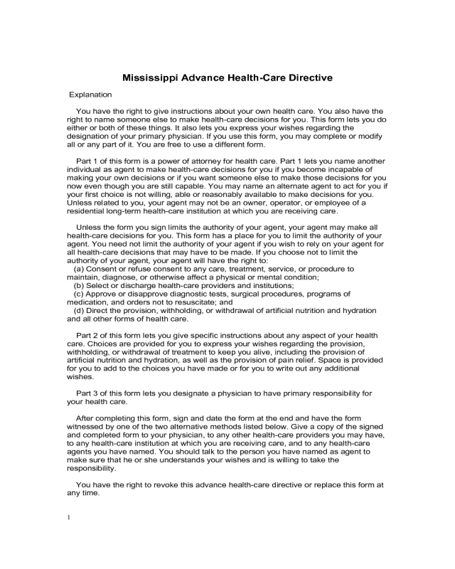 Power of Attorney for Health Care - Mississippi