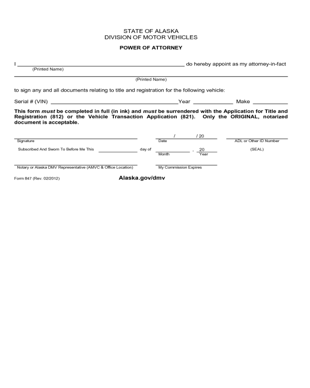 Power of Attorney Form - Alaska Division of Motor Vehicles