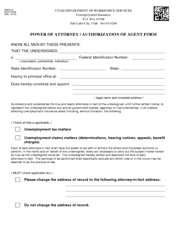 Power of Attorney or Authorization of Agent Form - Utah - Edit, Fill