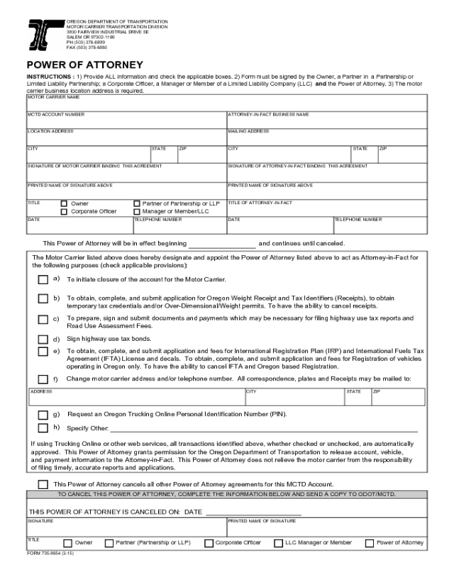 Power of Attorney Template - Oregon