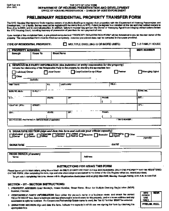 Preliminary Residential Property Transfer Form