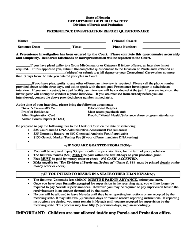 Presentence Investigation Report Form - Nevada