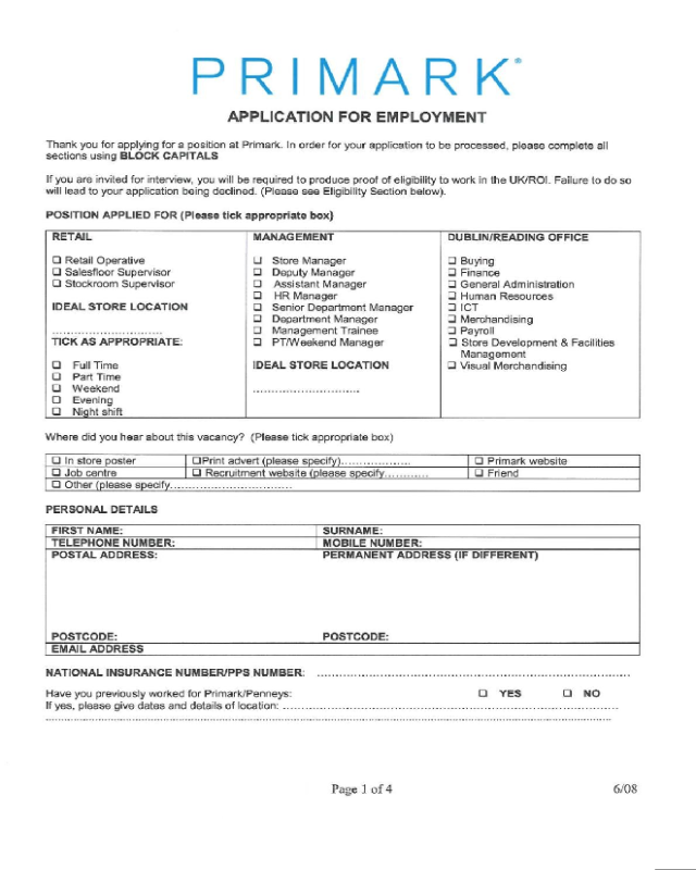 Primark Application Form