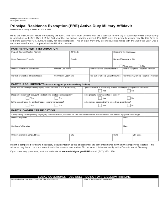 Principal Residence Exemption (PRE) Active Duty Military Affidavit - Michigan Department of Treasury 
