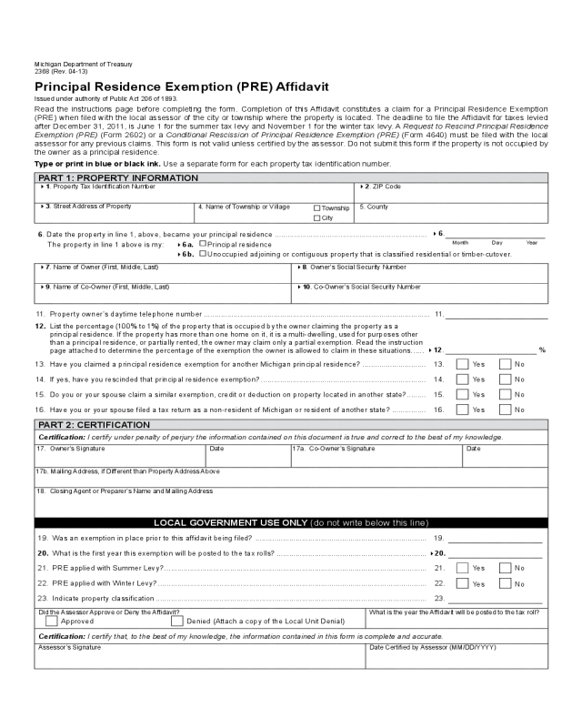 Principal Residence Exemption (PRE) Affidavit - Michigan Department of Treasury 