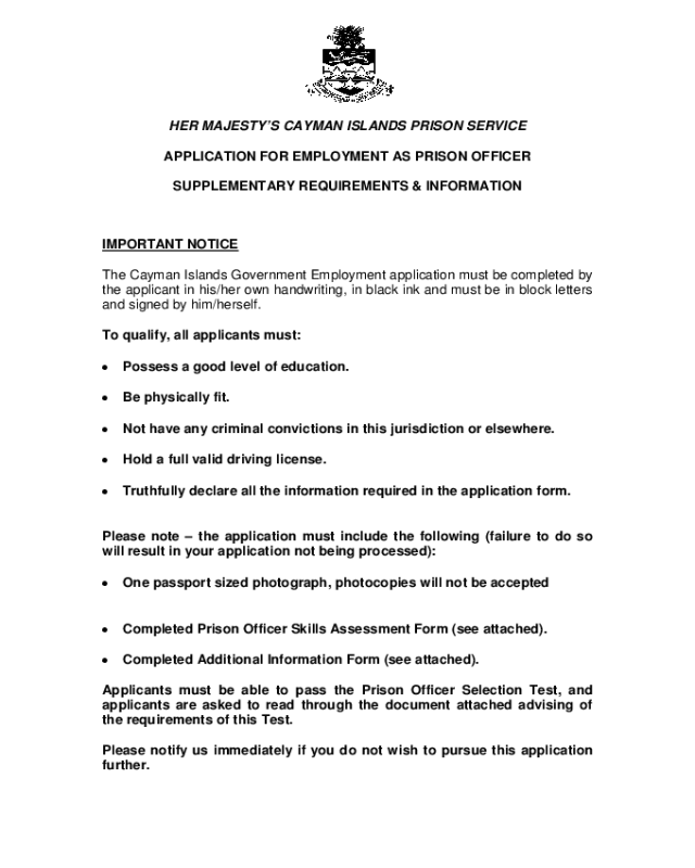 Prison Service Application Form - Cayman Islands